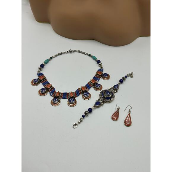 Tibetan Lapis & Coral Necklace Bracelet Earring Jewelry Set Boho Tribal - Picture 6 of 7
